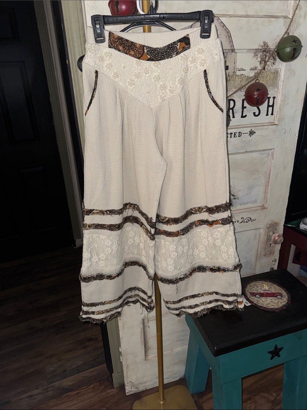 POL Cream Wide-Leg Boho Palazzo Pants with Brown Trim